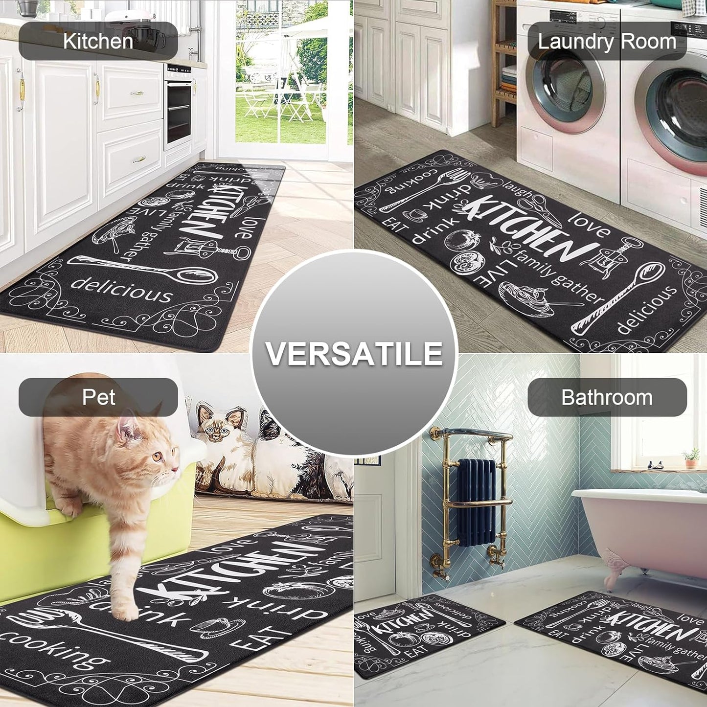 anti Fatigue Kitchen Mat Set of 2 Non Slip Thick Cushioned Kitchen Rug Sets with Runner 17"X48"+17"X28" Heavy Duty Comfort Standing Mats Waterproof Kitchen Carpet