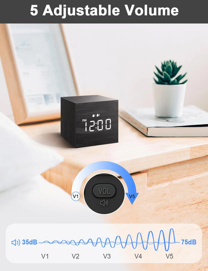 Digital Alarm Clock, with Wooden Electronic LED Time Display, 3 Dual plus Alarm, 2.5-Inch Cubic Small Mini Wood Made Electric Clocks for Bedroom, Bedside, Desk, Black