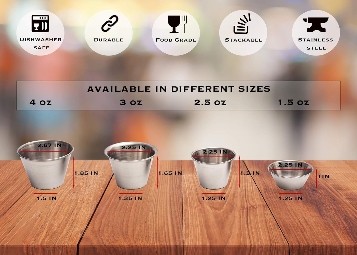 4 Oz Ramekin Stainless Steel Condiment Dipping Sauce Cups Au Jus Commercial Grade (12, 4 Oz)